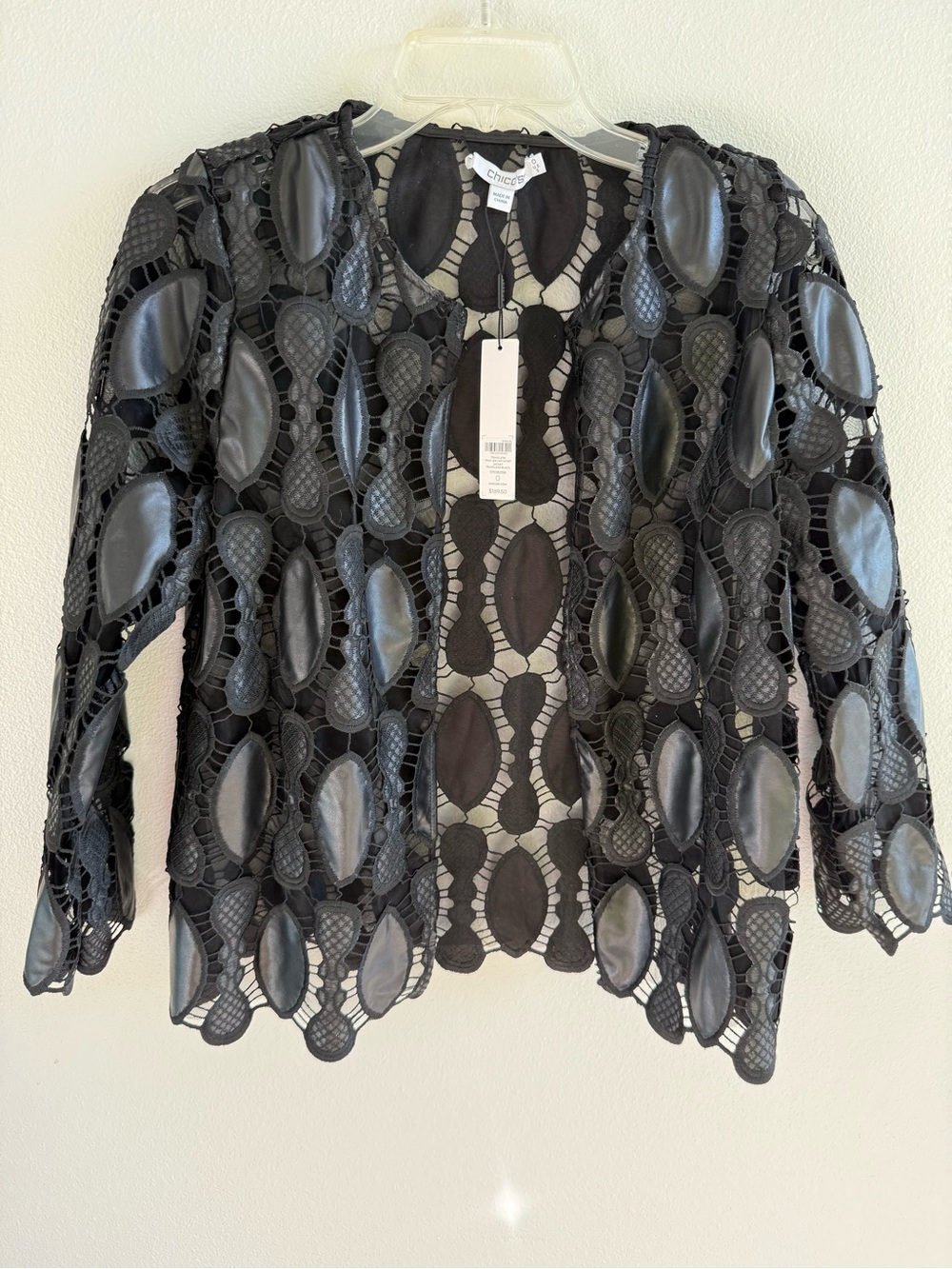 NWT!! Chico's Black Crochet Cutout Jacket with Leather-Look Accents